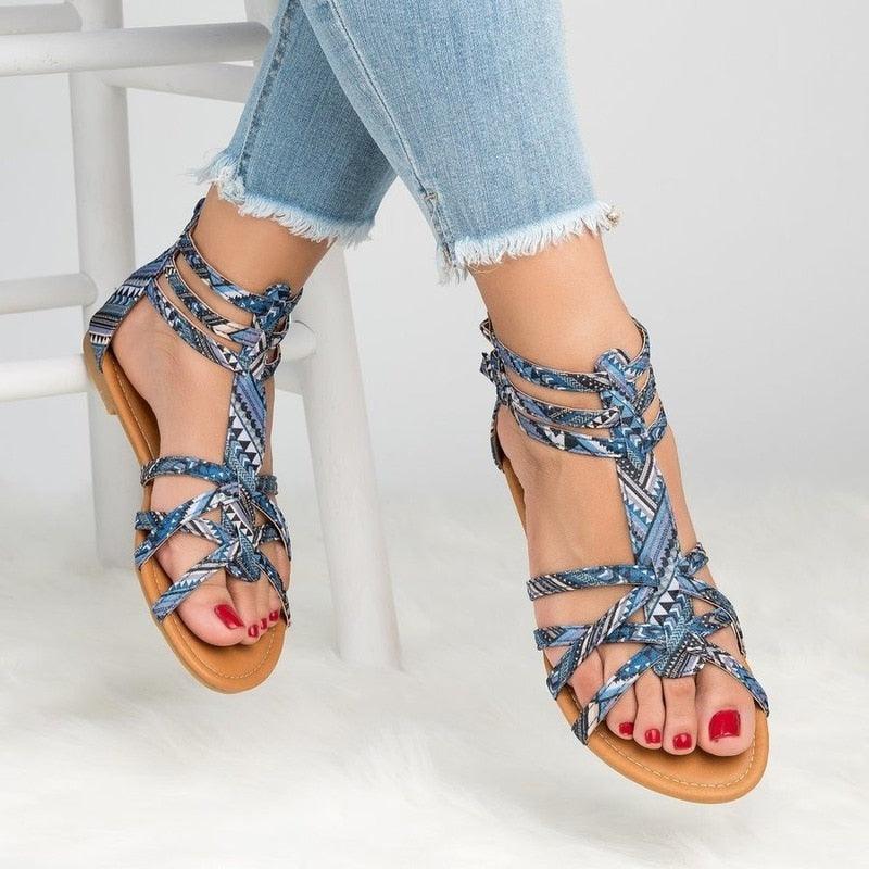 Women's Strappy Flat Sandals Open Toe Leather Casual Shoes