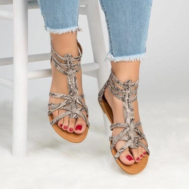 Women's Strappy Flat Sandals Open Toe Leather Casual Shoes