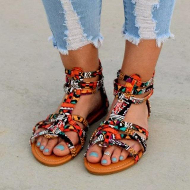 Women's Strappy Flat Sandals Open Toe Leather Casual Shoes