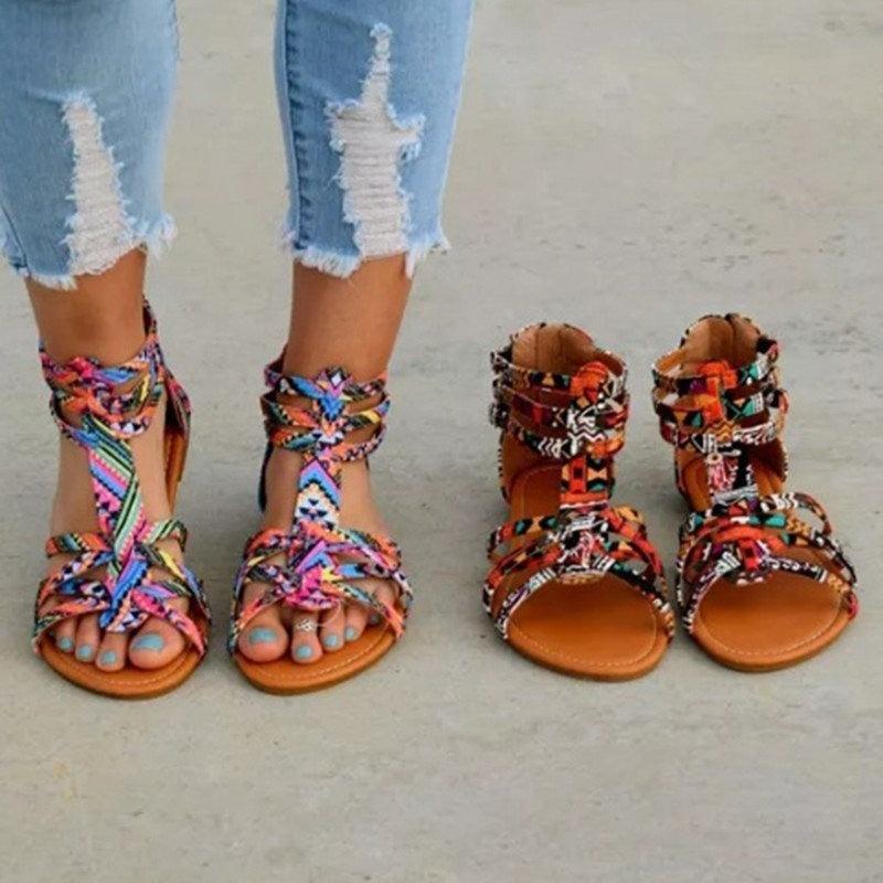 Women's strappy leather open-toe sandals with ankle strap and rubber sole
