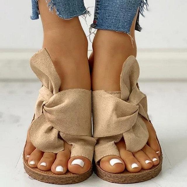 Women’s Knotted Bow Platform Slide Sandals - Open Toe Summer Flats