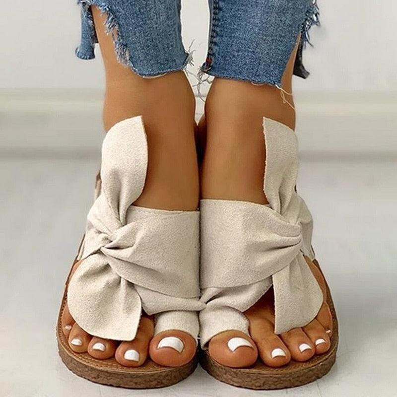Women's casual platform slide sandals with knotted bow detail and open toe design