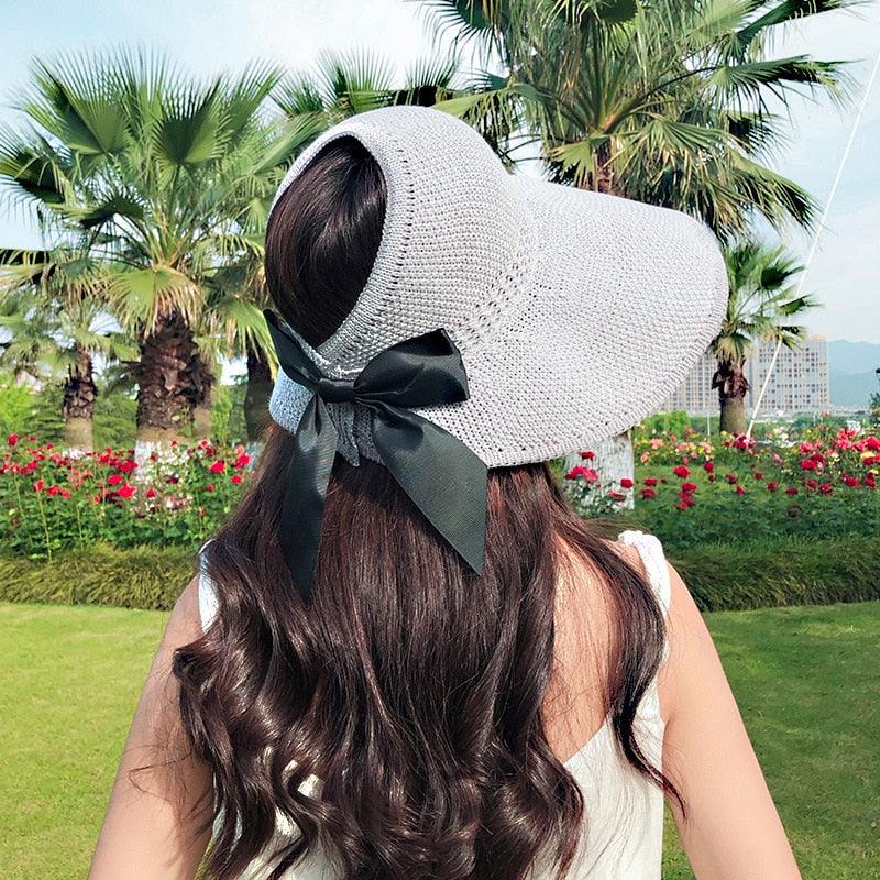 Foldable Wide Brim Beach Hat - Vintage Hollow Out Sun Hat