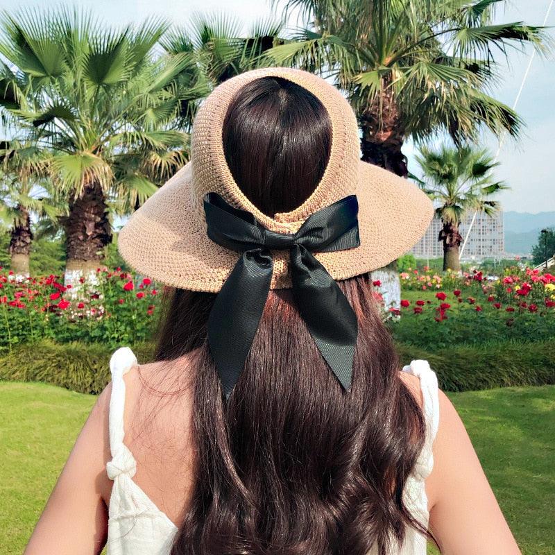 Foldable Wide Brim Beach Hat - Vintage Hollow Out Sun Hat