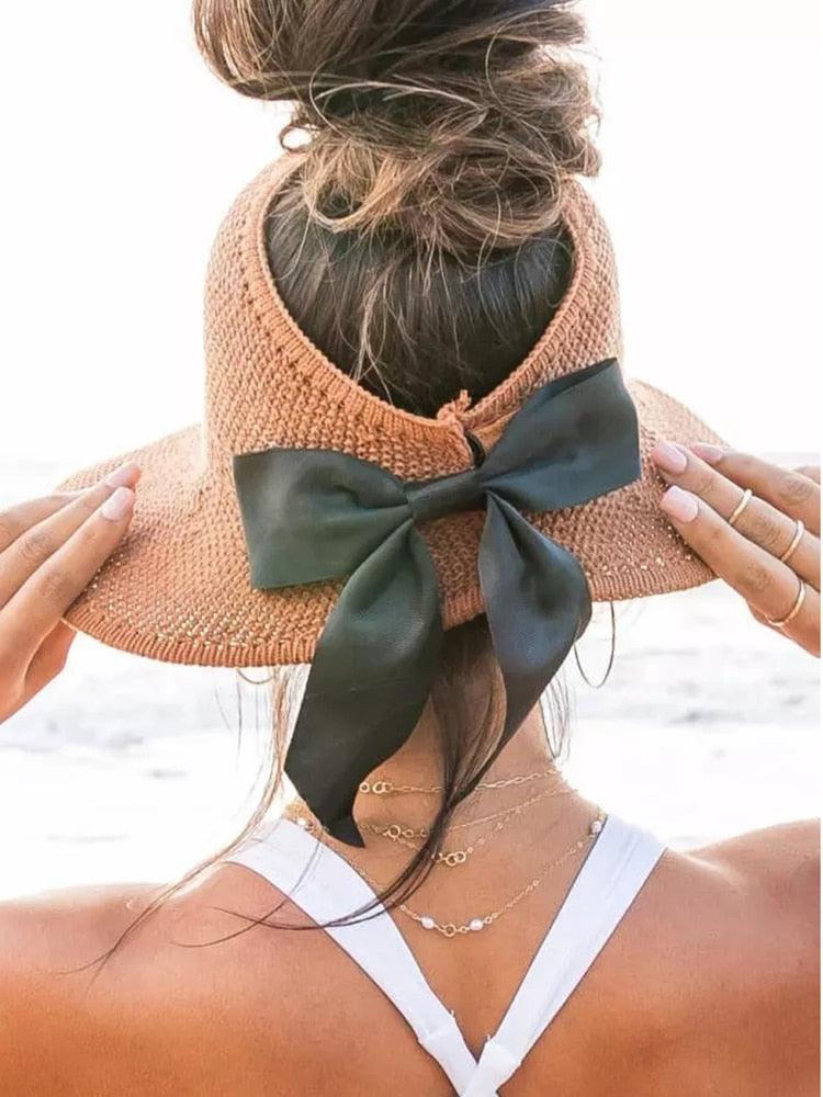 Foldable Wide Brim Beach Hat - Vintage Hollow Out Sun Hat