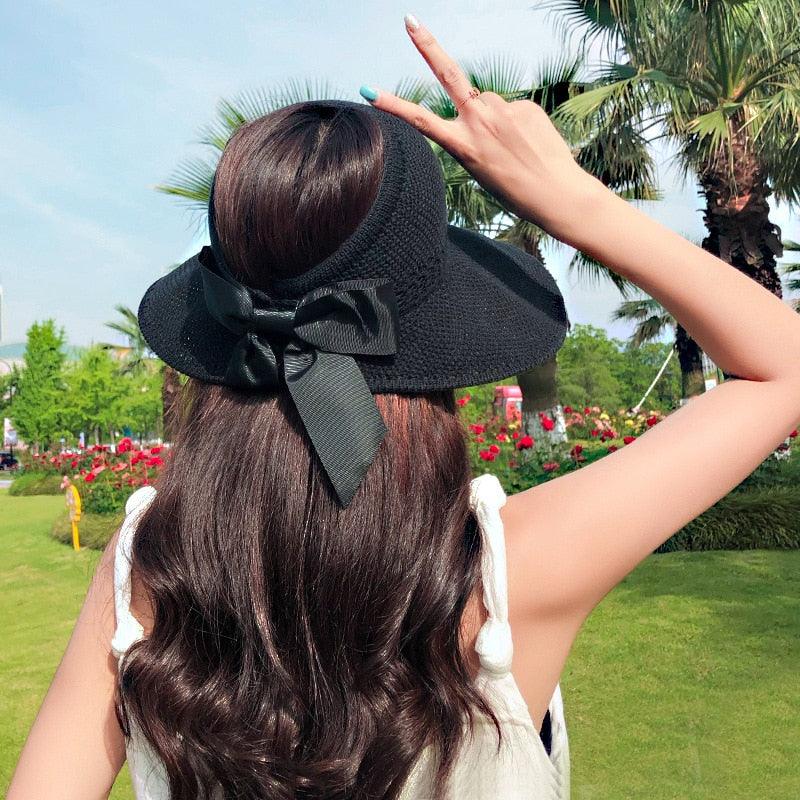 Foldable Wide Brim Beach Hat - Vintage Hollow Out Sun Hat