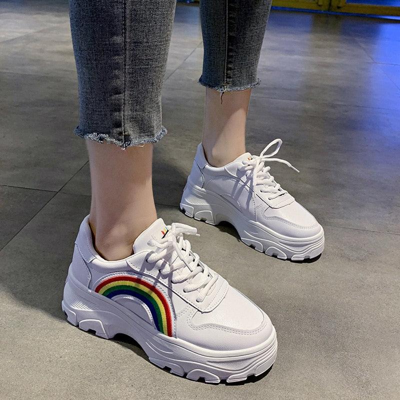 Women's Chunky Platform Winter Sneakers with Rainbow Detail