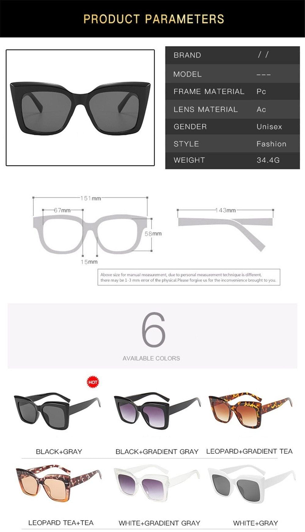 Oversized Square Cat Eye Sunglasses for Women Retro Thick Frame