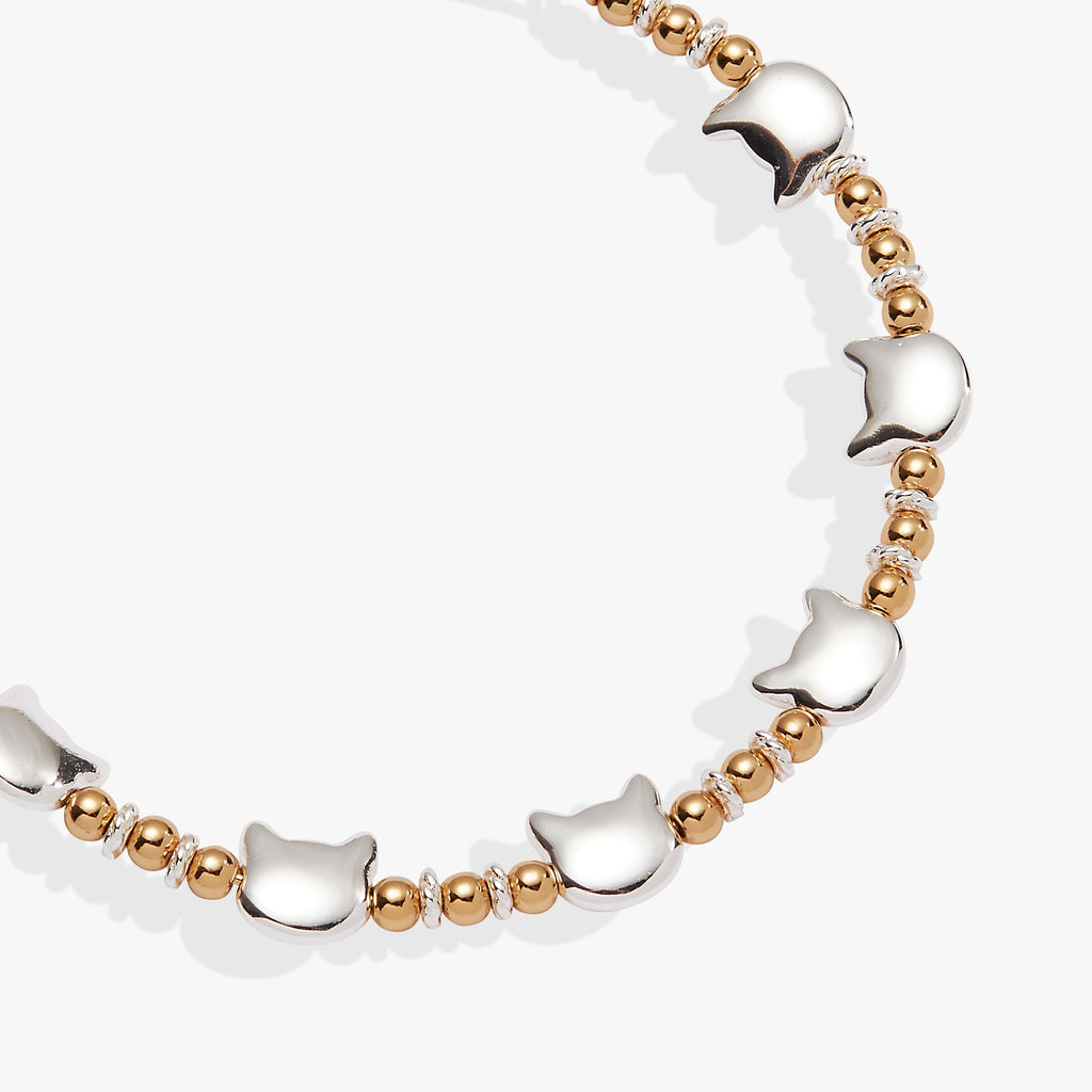 Cat Beaded Expandable Bangle Bracelet in Two-Tone Finish