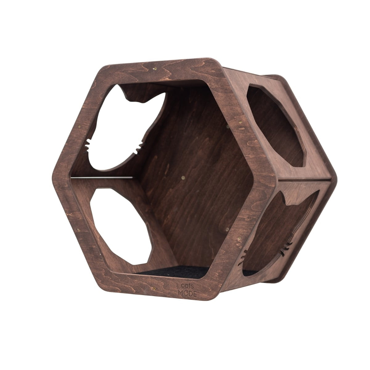 Minimalist dark walnut hexagon cat wall shelf with interior felt lining