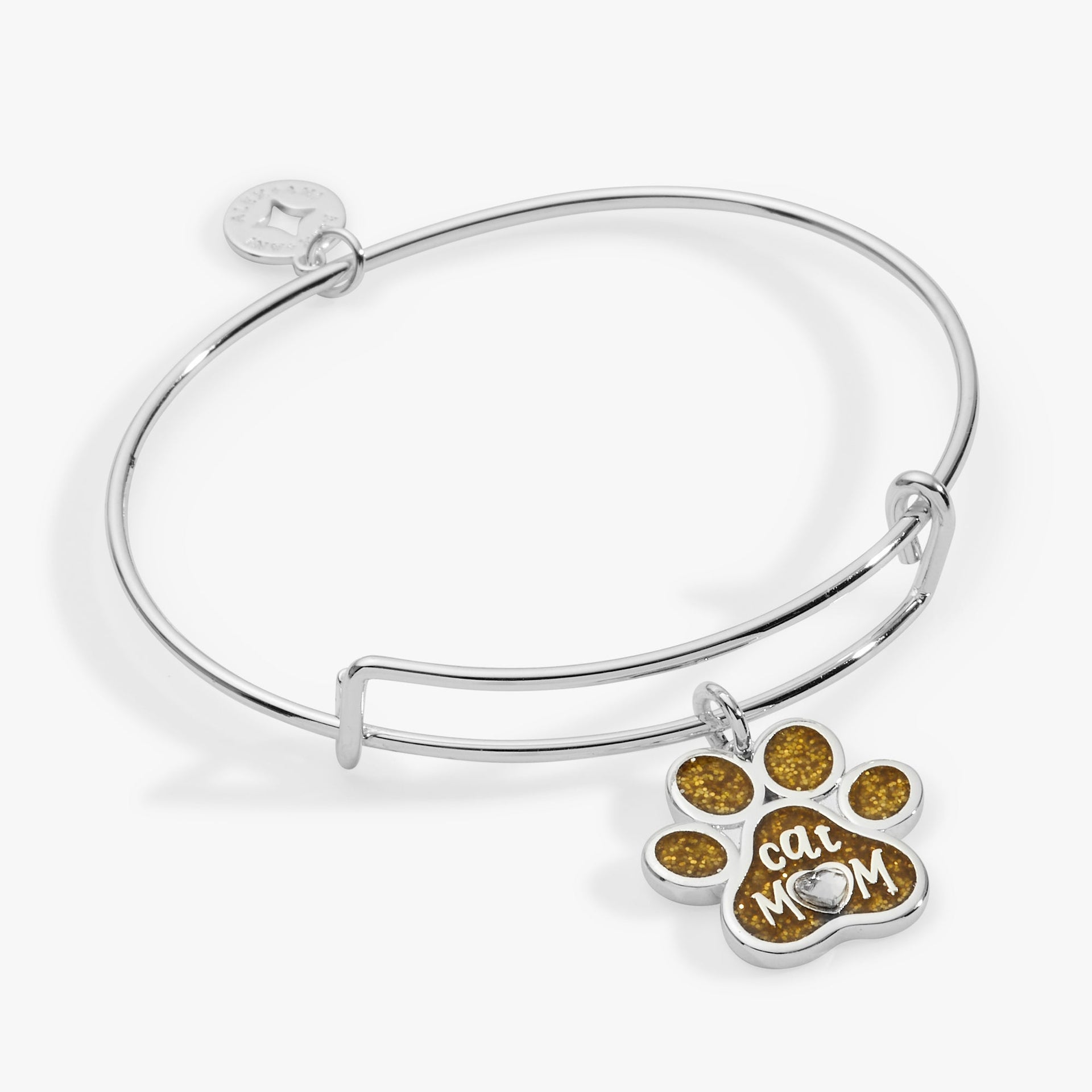 Cat Mom charm bangle in silver with gold glitter enamel and crystal heart