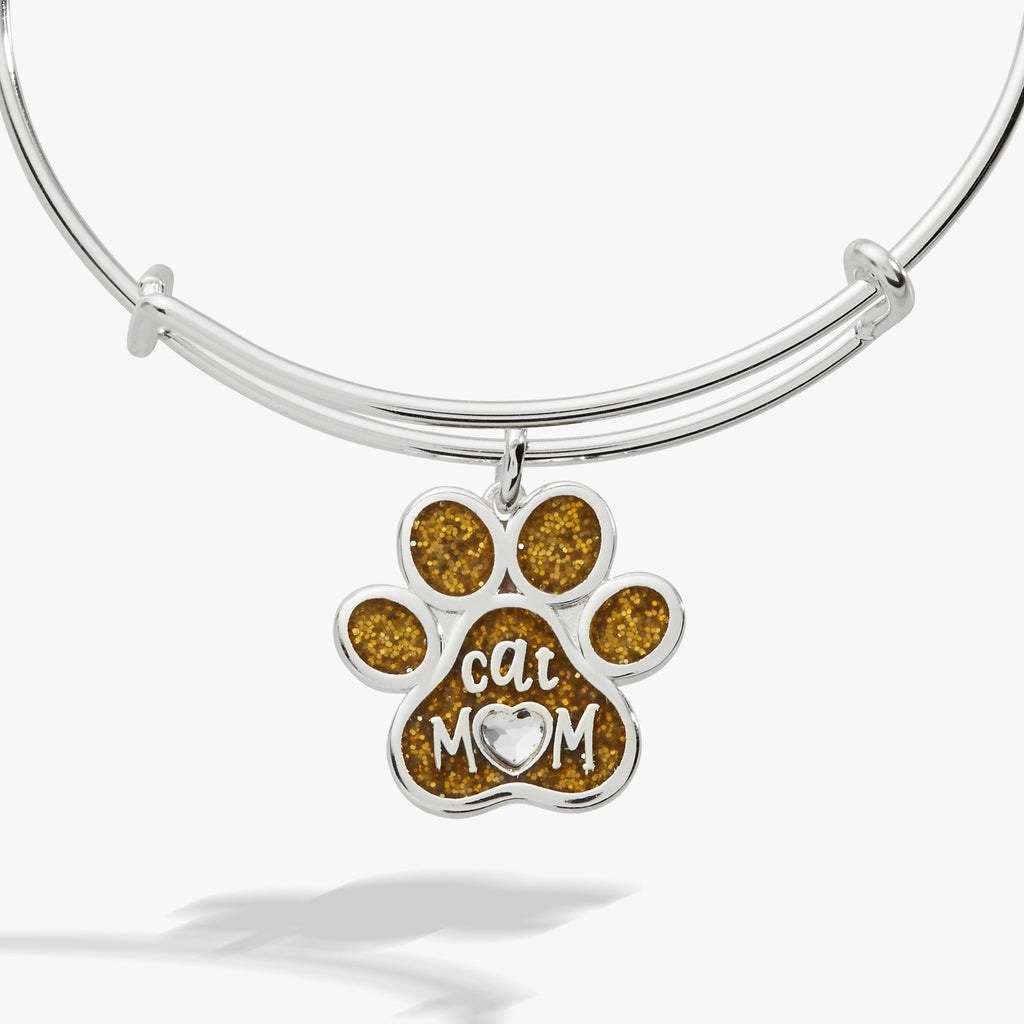 Cat Mom Charm Bangle with Glitter Enamel and Crystal Heart