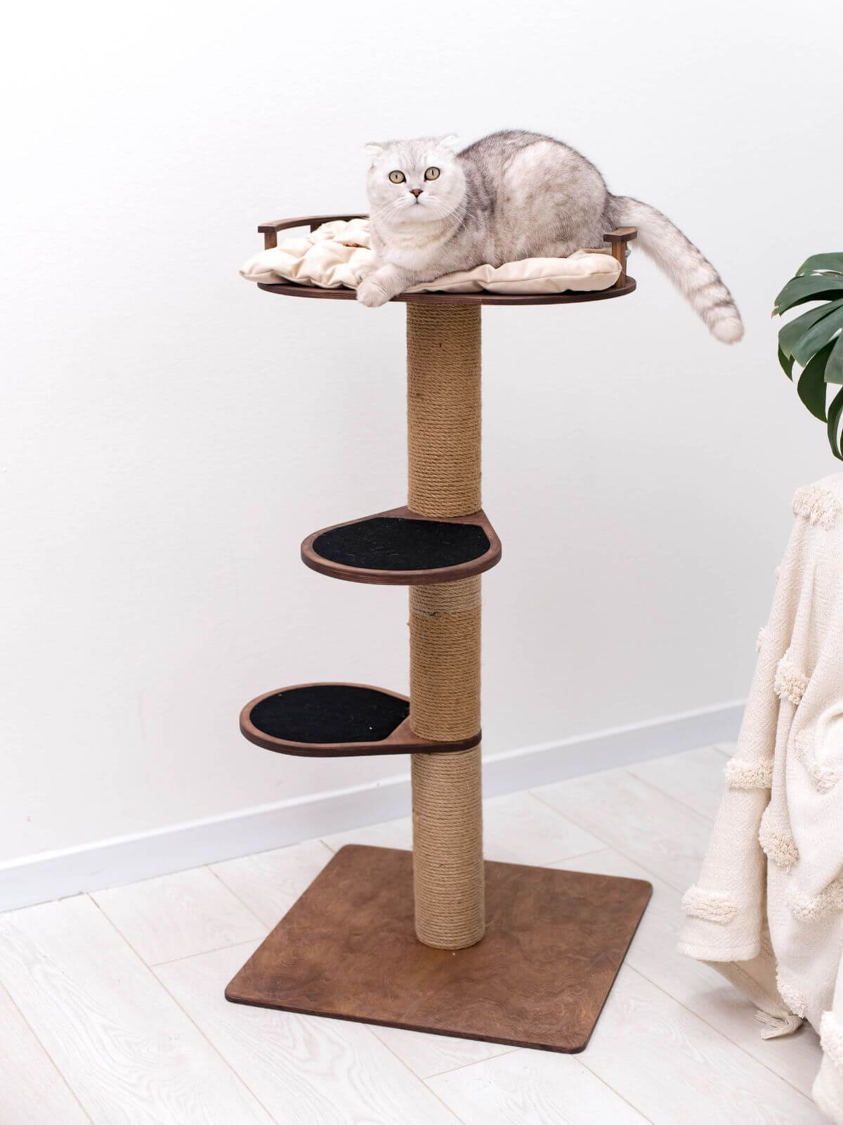 Modern Wooden Cat Tree with Plush Bed - Minimalist Feline Furniture
