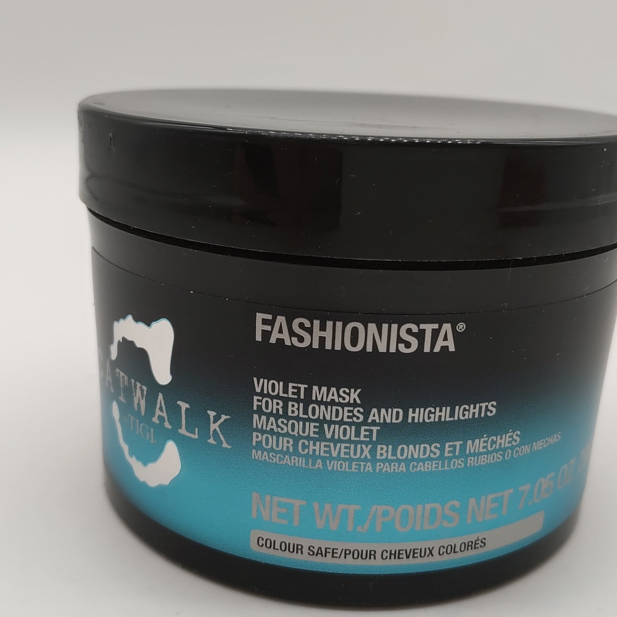 TIGI Catwalk Fashionista Violet Mask 7.05 oz jar in black packaging with blue gradient accents.