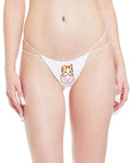 White cotton G-string with pixelated orange kitten on teacup graphic and green bows