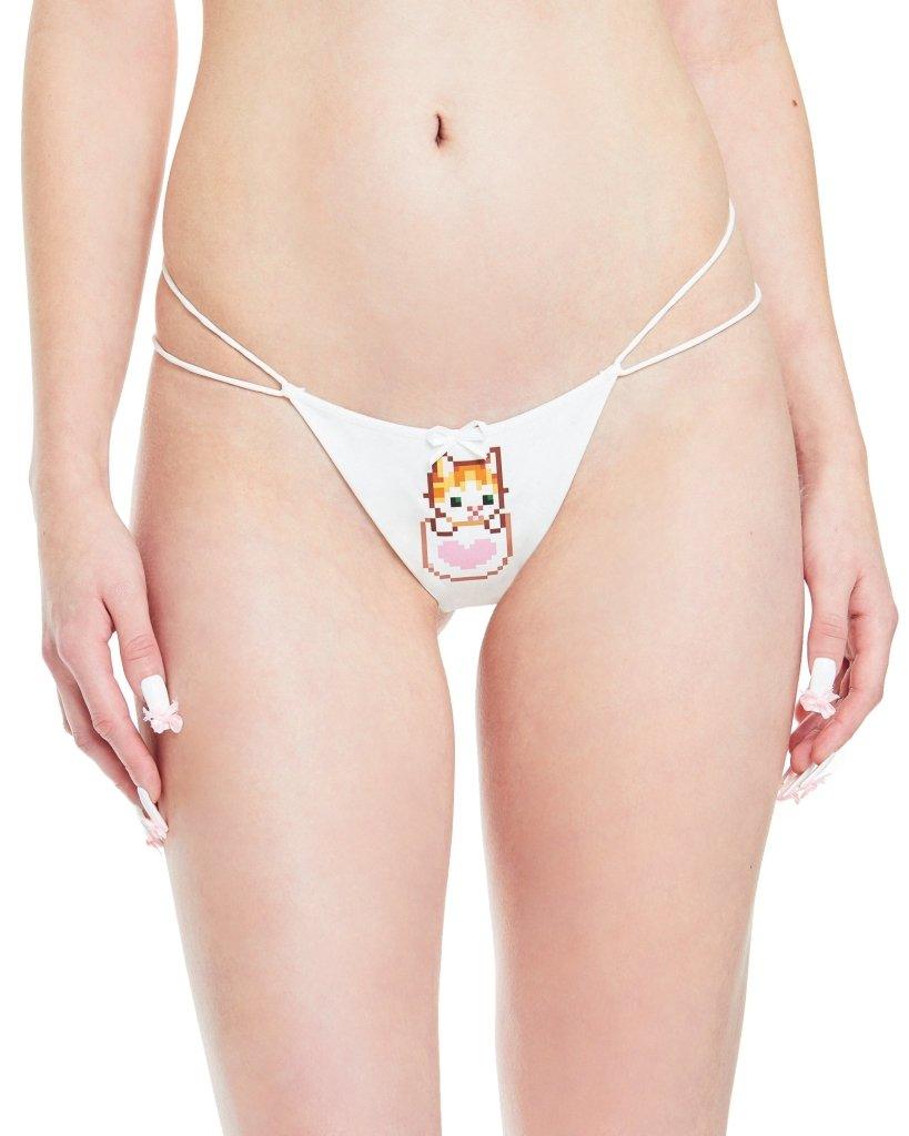 White cotton G-string with pixelated orange kitten on teacup graphic and green bows
