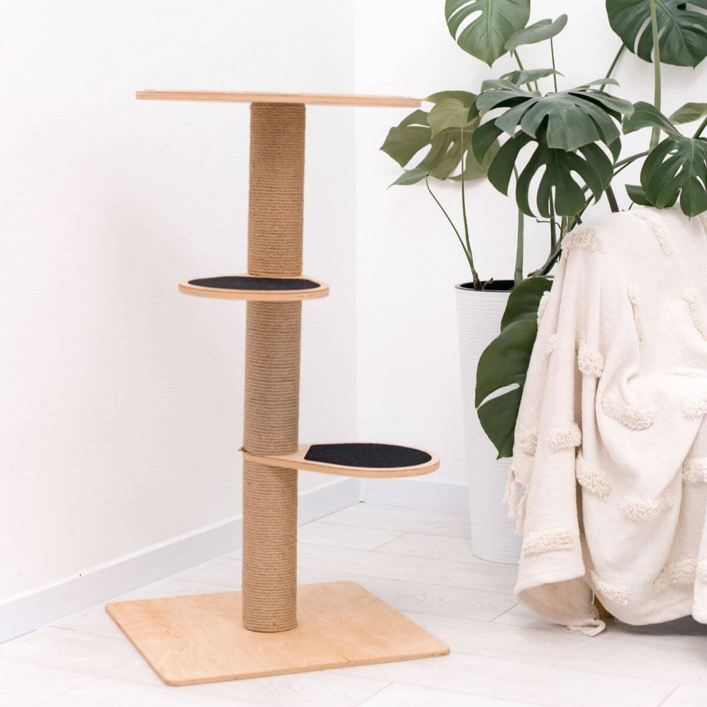 Compact Wooden Cat Tower with Natural Sisal Scratching Twine