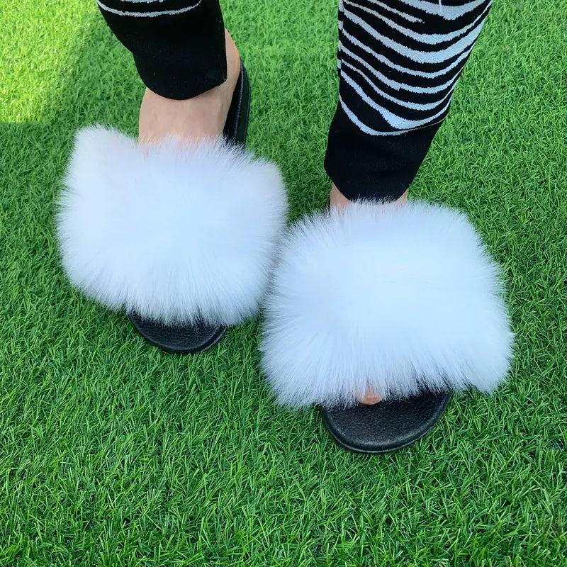 Women's Multicolored Faux Fur Flat Slippers Cozy Open Toe Slides