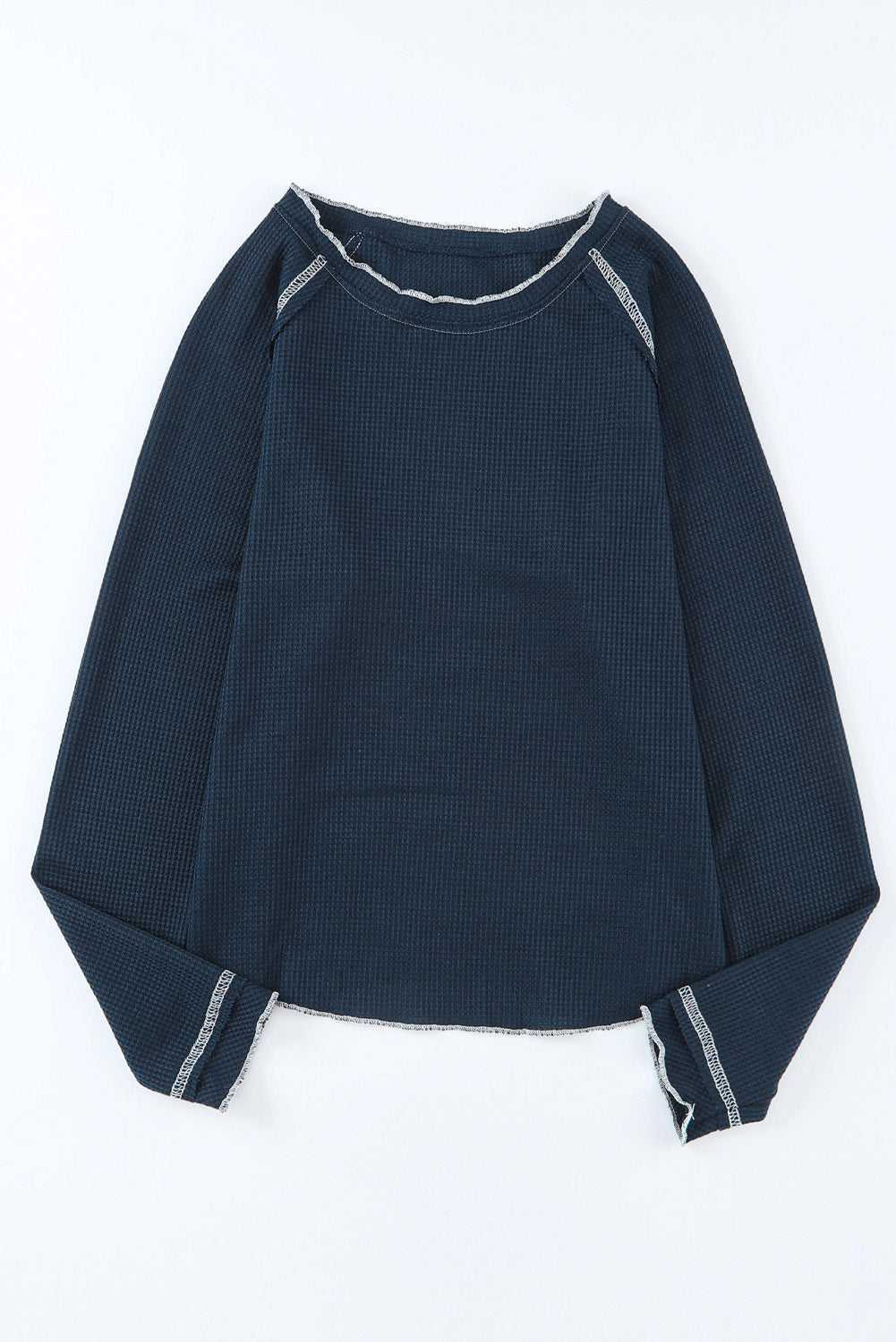 Solid Waffle Knit Round Neck Long Sleeve Top