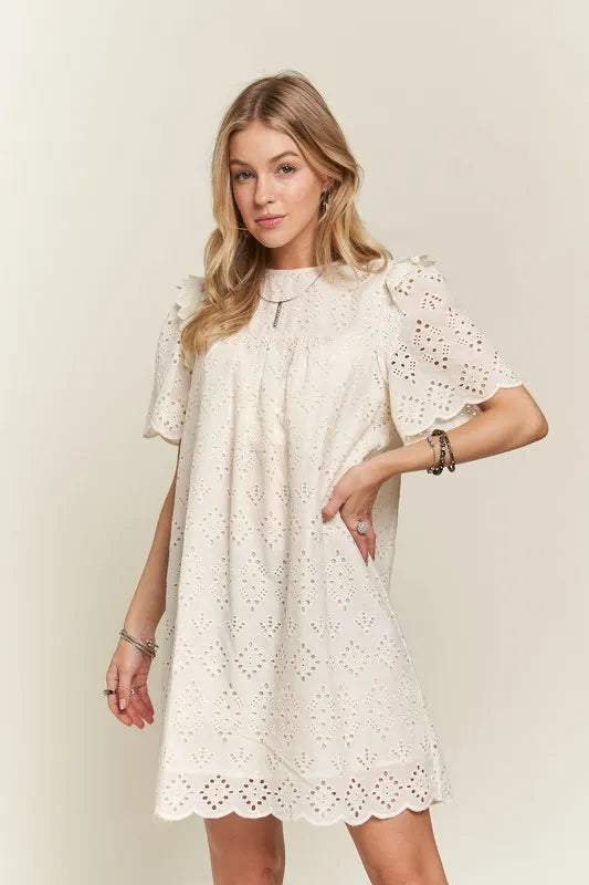 Ruffled Eyelet Round Neck Summer Dress for Garden Parties