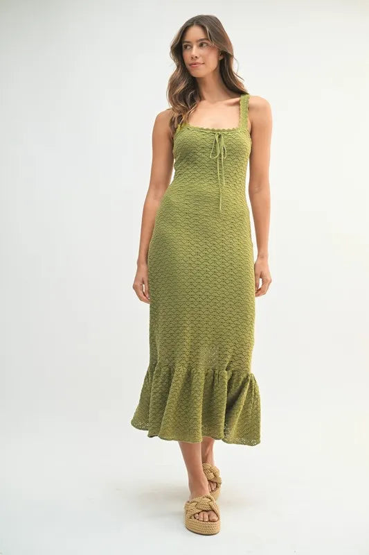 Olive Green Crochet Knit Midi Dress with Ruffled Hem