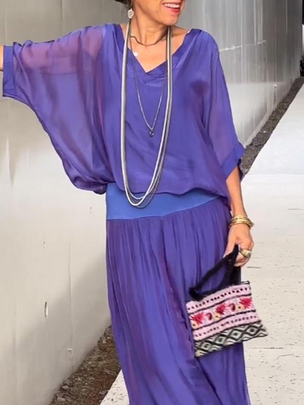 Solid Color Chiffon Two-Piece Set with V-Neck Top and Trousers - Image 13