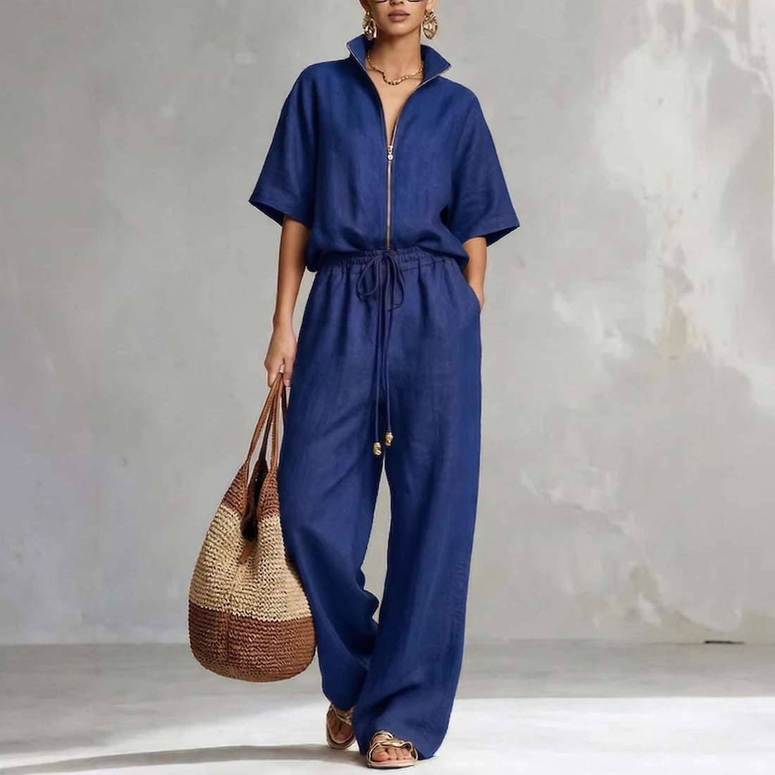 Women's Zip-Front Short Sleeve Top and Wide-Leg Pants Set - Image 4