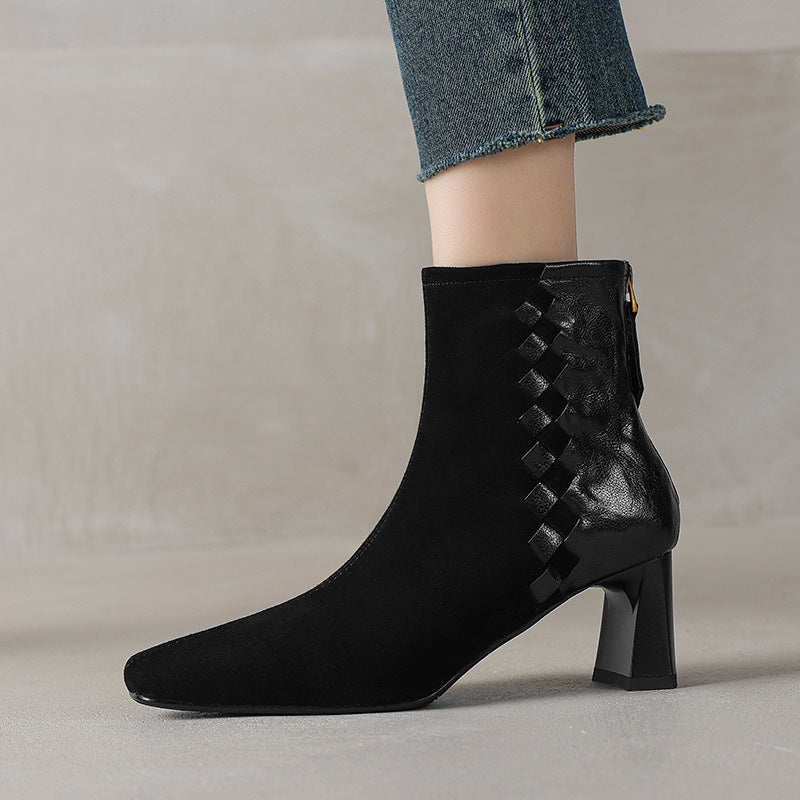 Women's Brown Sheepskin Square Toe Chunky Heel Ankle Boots - Image 3