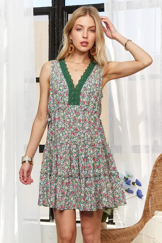 Lace Detail V-Neck Sleeveless Mini Dress in Multi-Colored