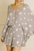 Gray Star Print Crinkle Textured Kimono Ruffle Sleeve Romper