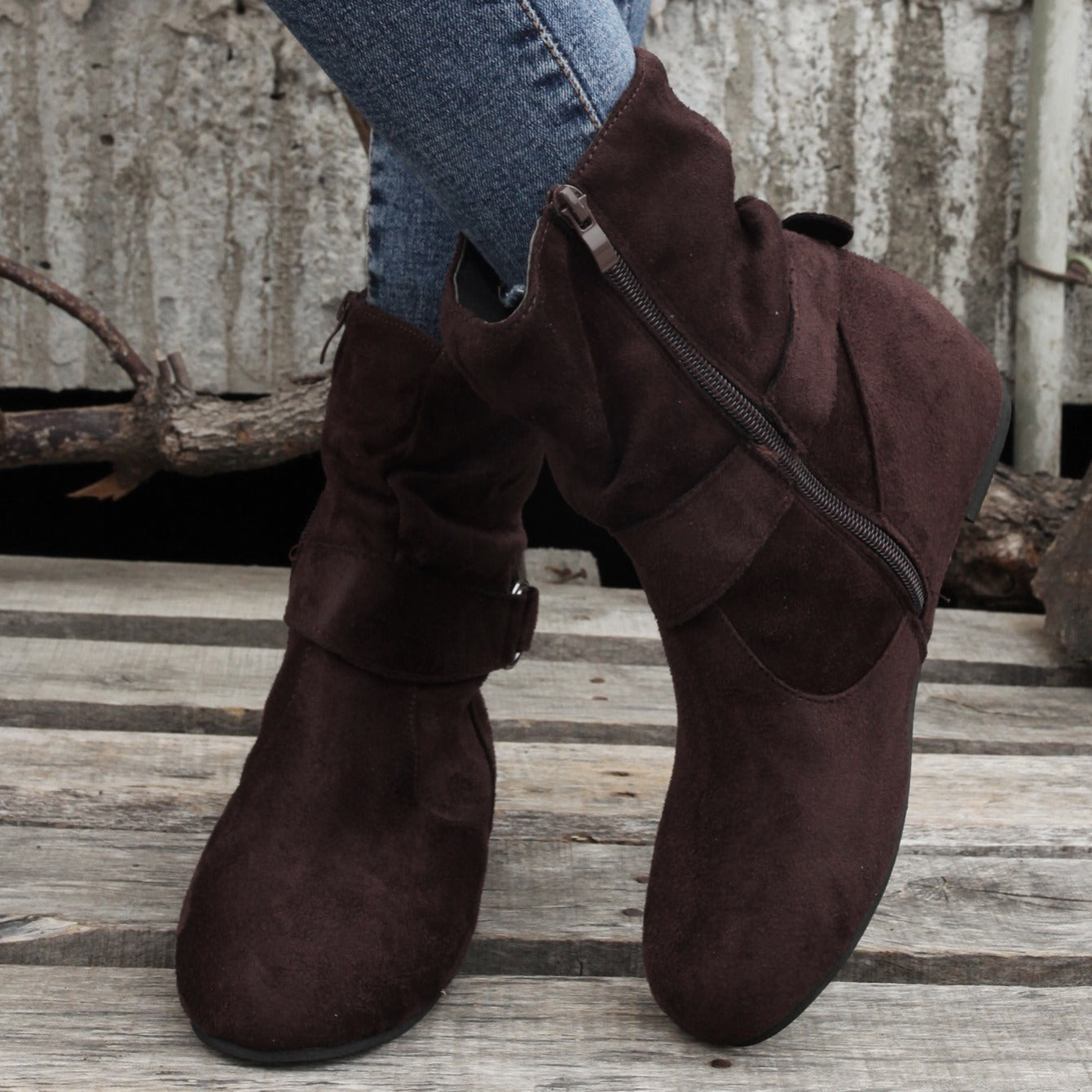 Women's Ankle Boots with Buckle Belt & Side Zip