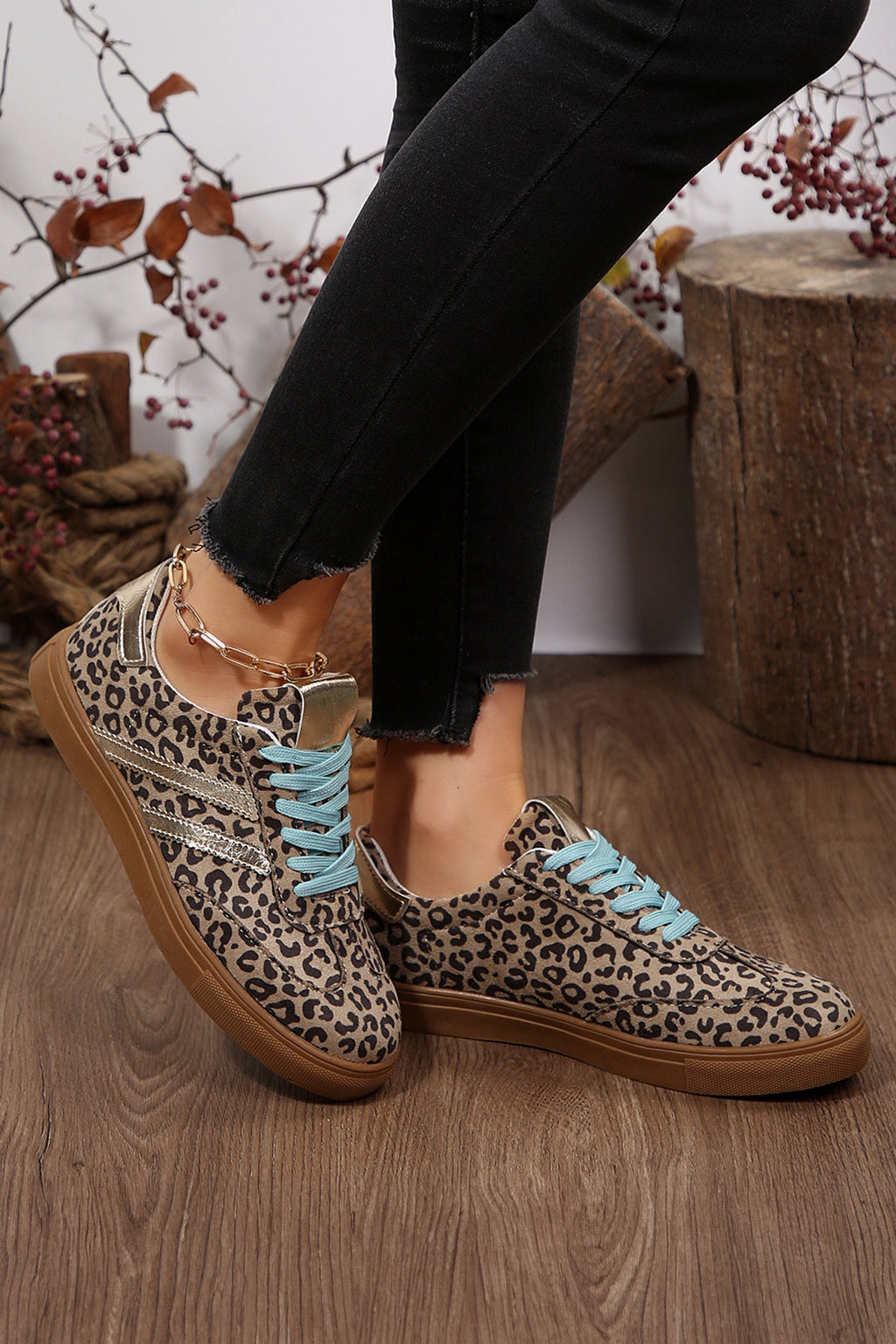 Coffee Faux Suede Leopard Print Sleek PU Leather Detail Lace Up Sneakers
