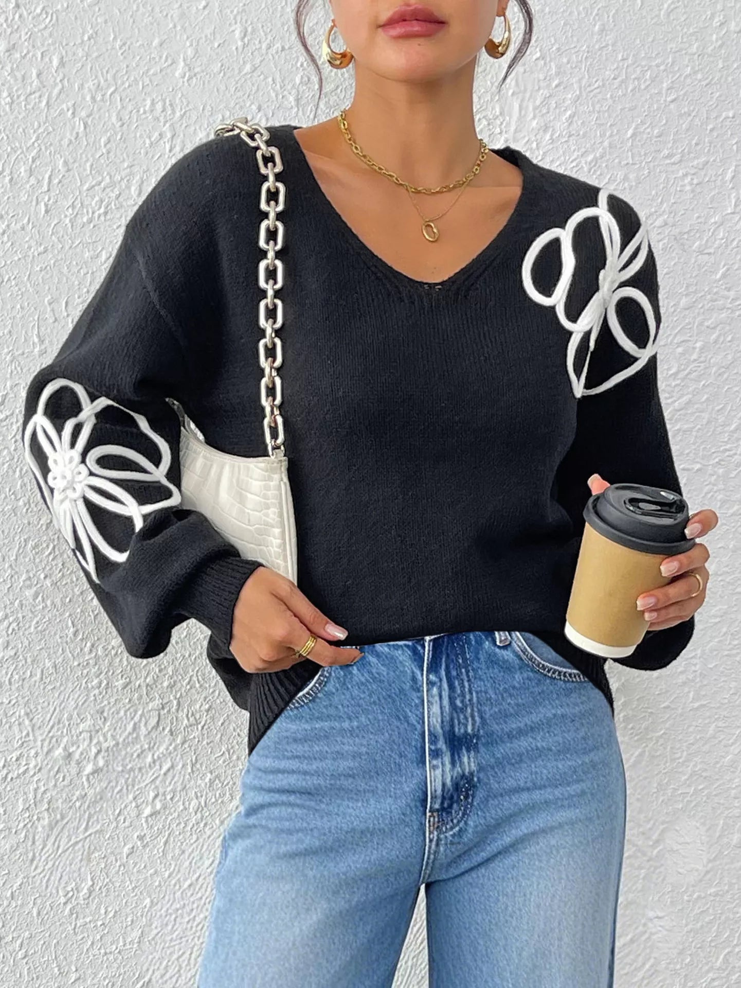 Flower V-Neck Long Sleeve Sweater