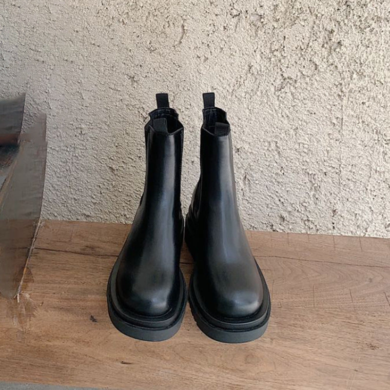Women’s British-Style Mid-Calf Thick-Soled Leather Boots