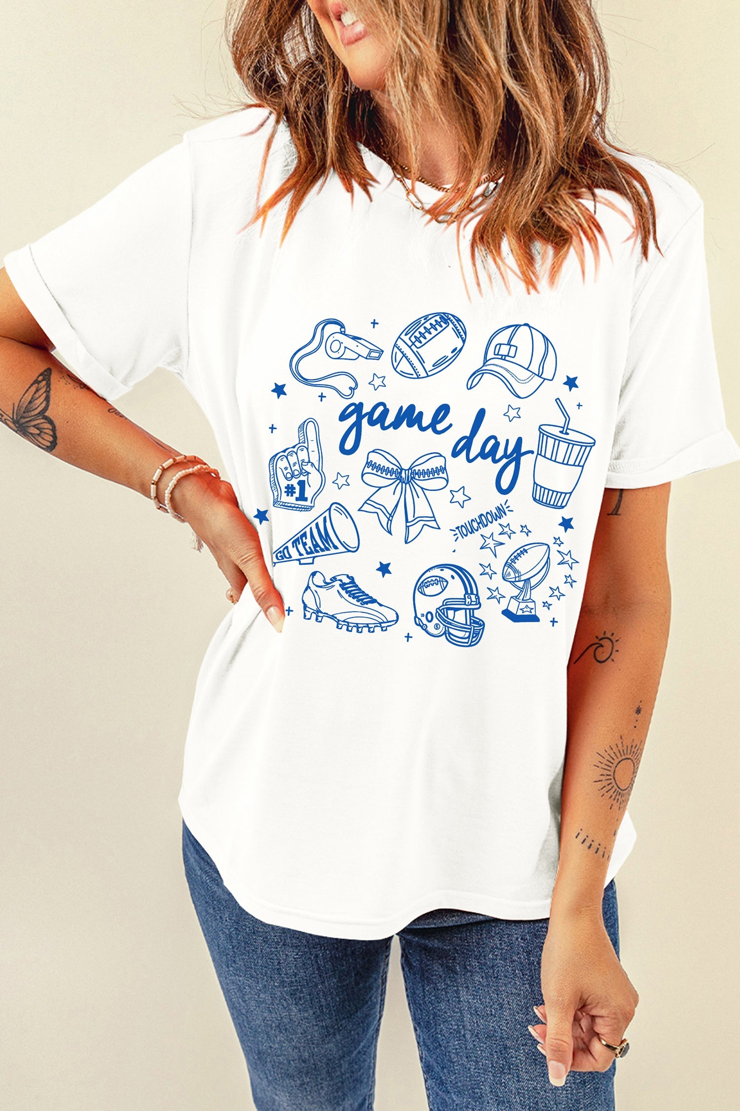 White Game Day Doodle Printed Graphic T-Shirt