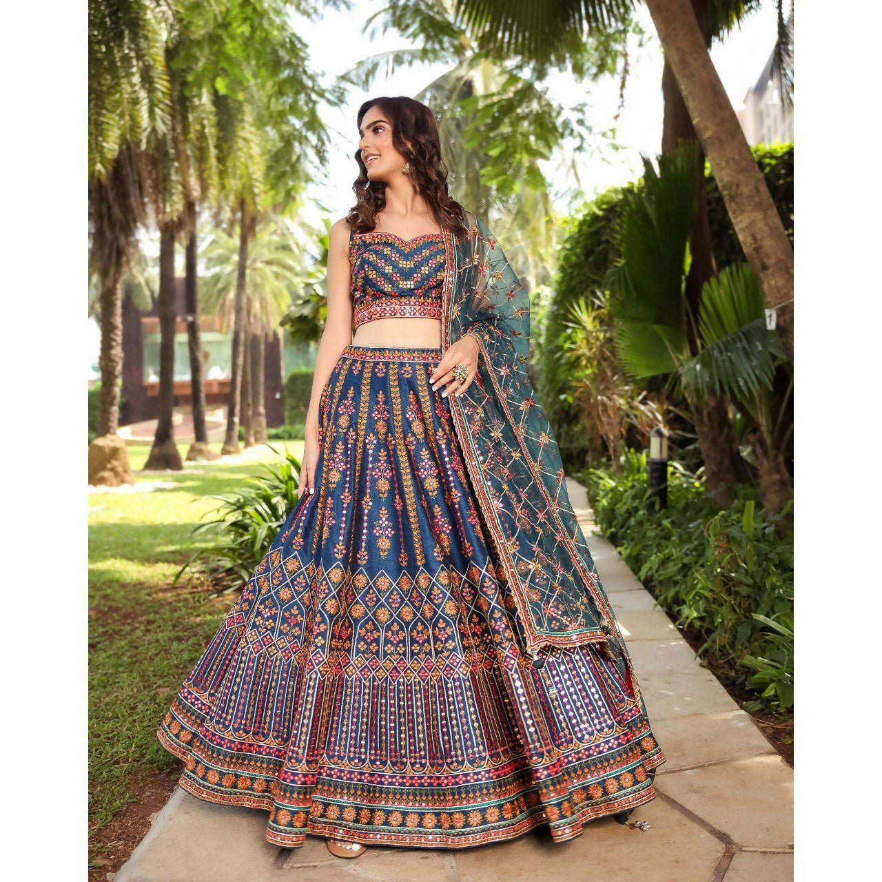 Blue Chinon Lehenga Choli with intricate sequins and zari embroidery