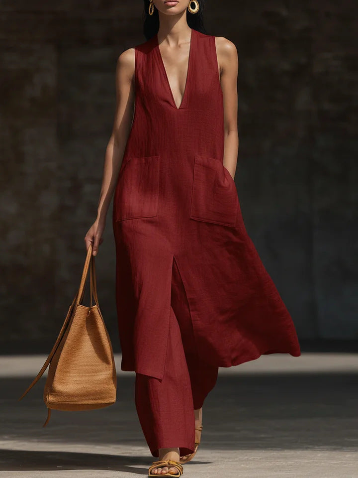 Women's V-Neck Sleeveless Linen Tunic and Wide Leg Pant Set - Image 10