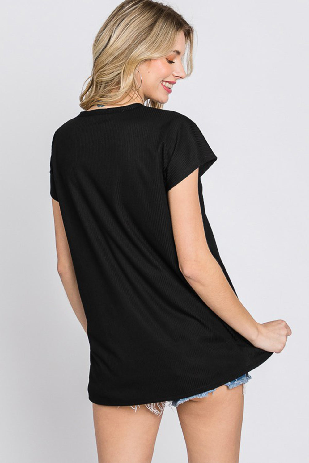 Women's Ribbed Knit V-Neck Button-Up Short Sleeve Casual T-Shirt - Image 2