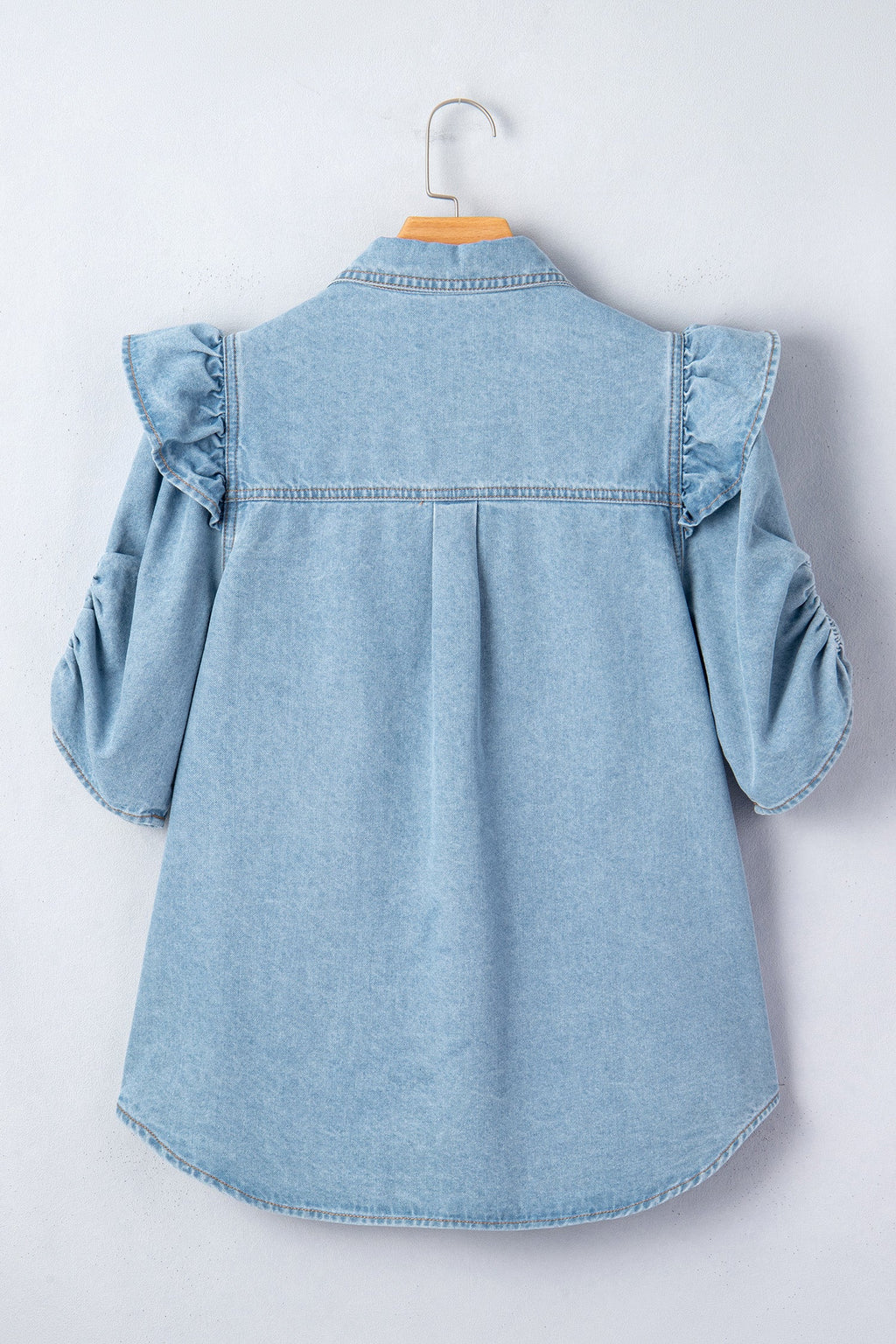 Ruffle Detail Puff Sleeve Button-Down Denim Shirt