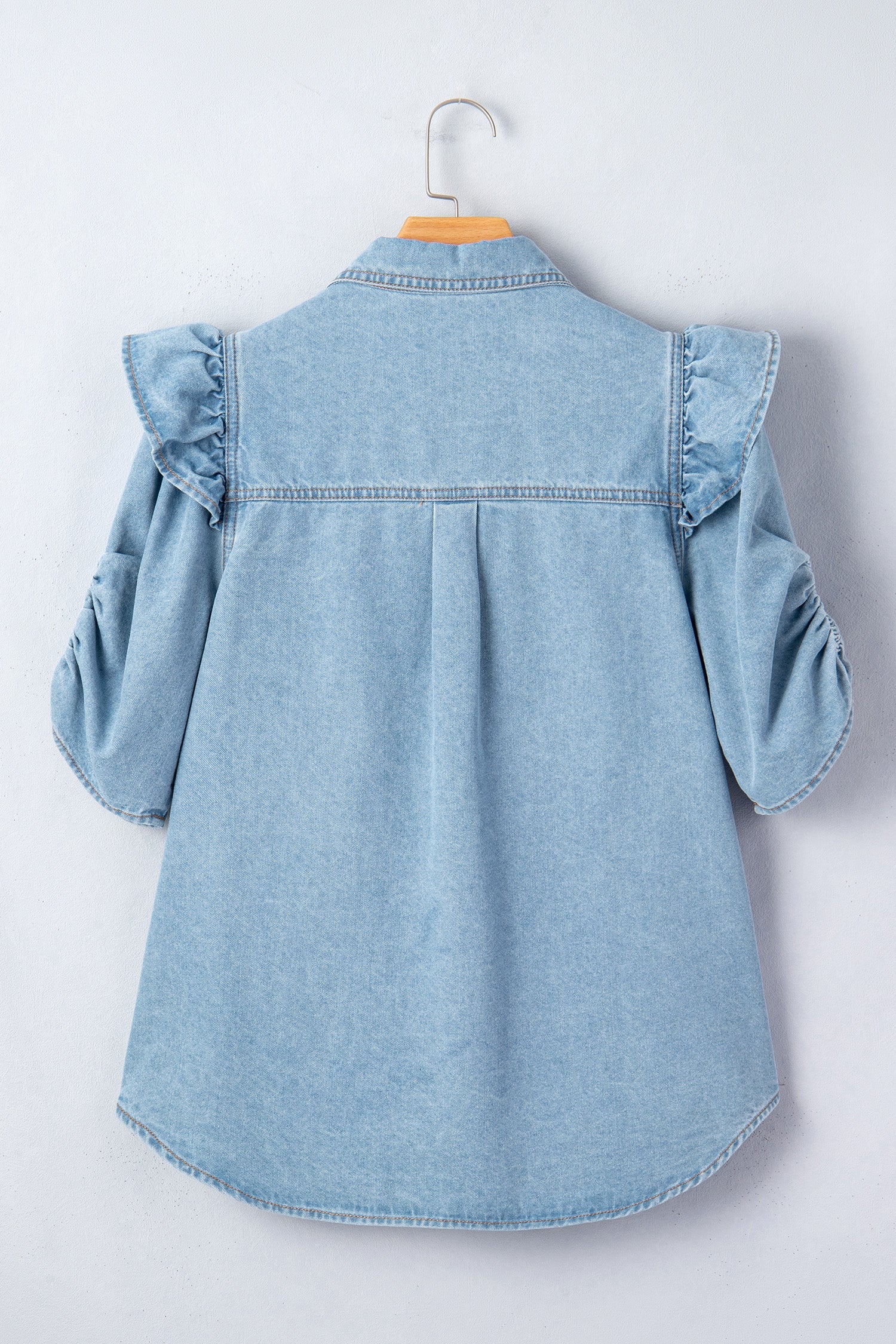 Ruffle Detail Puff Sleeve Button-Down Denim Shirt