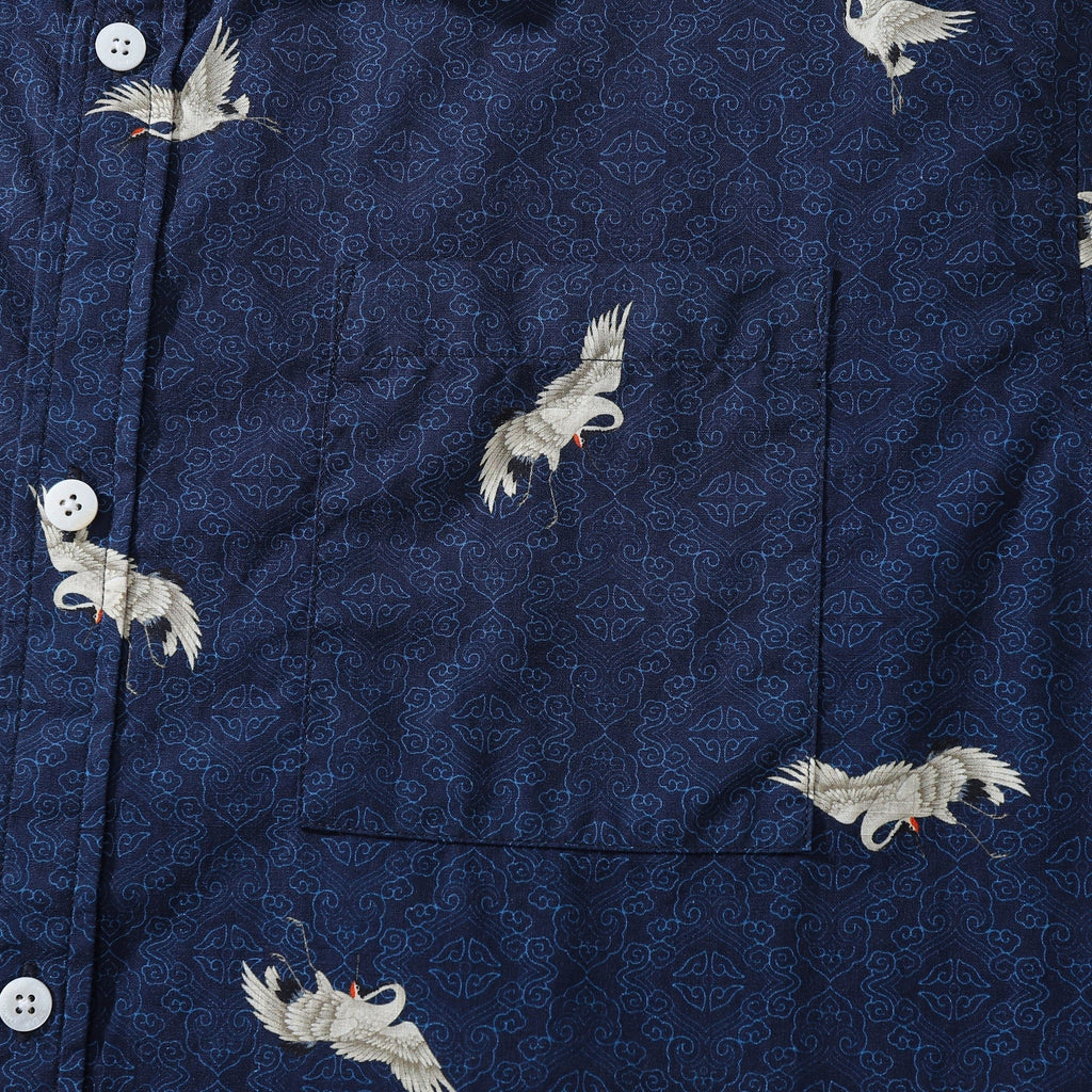 Men's Flying Crane Print Hawaiian Button Down Shirt - Blue