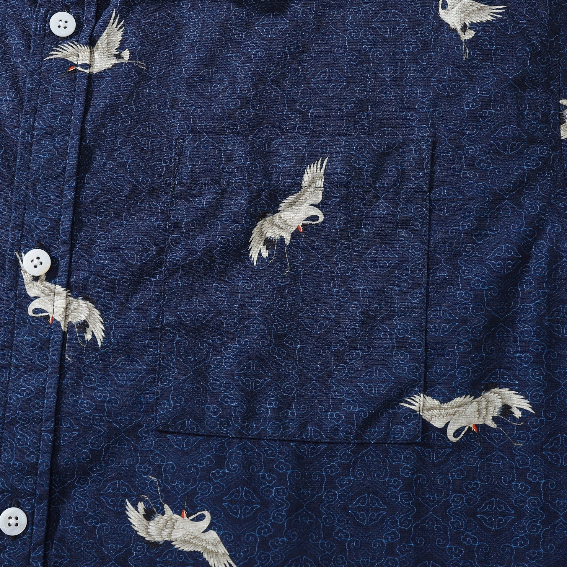 Men's Flying Crane Print Hawaiian Button Down Shirt - Blue