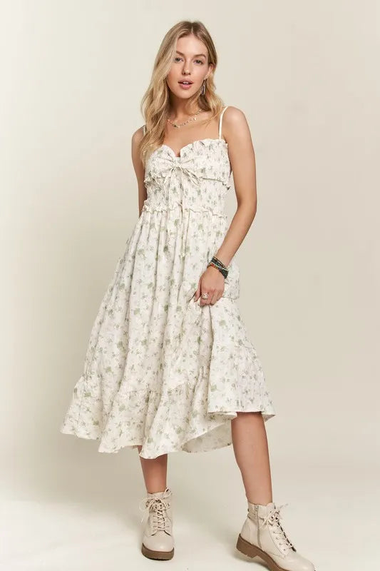Smocked floral cami dress with sweetheart neckline and ruffles