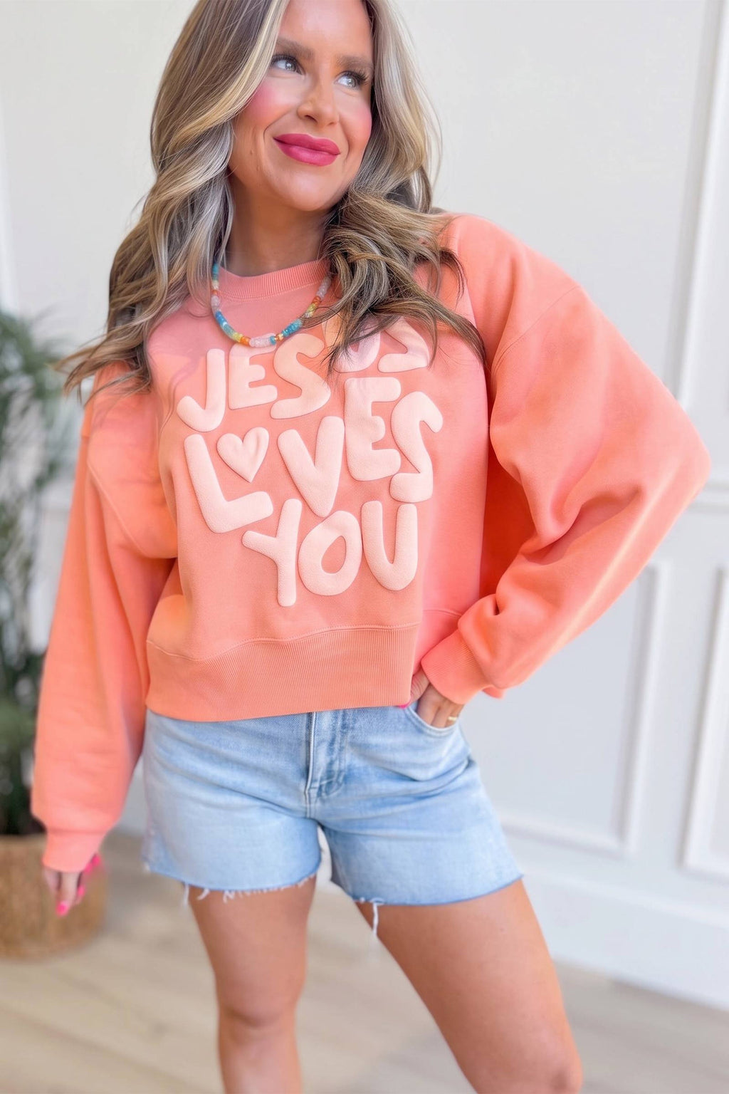 Grapefruit Orange JESUS LOVES YOU Puffy Letter Graphic Sweatshirt