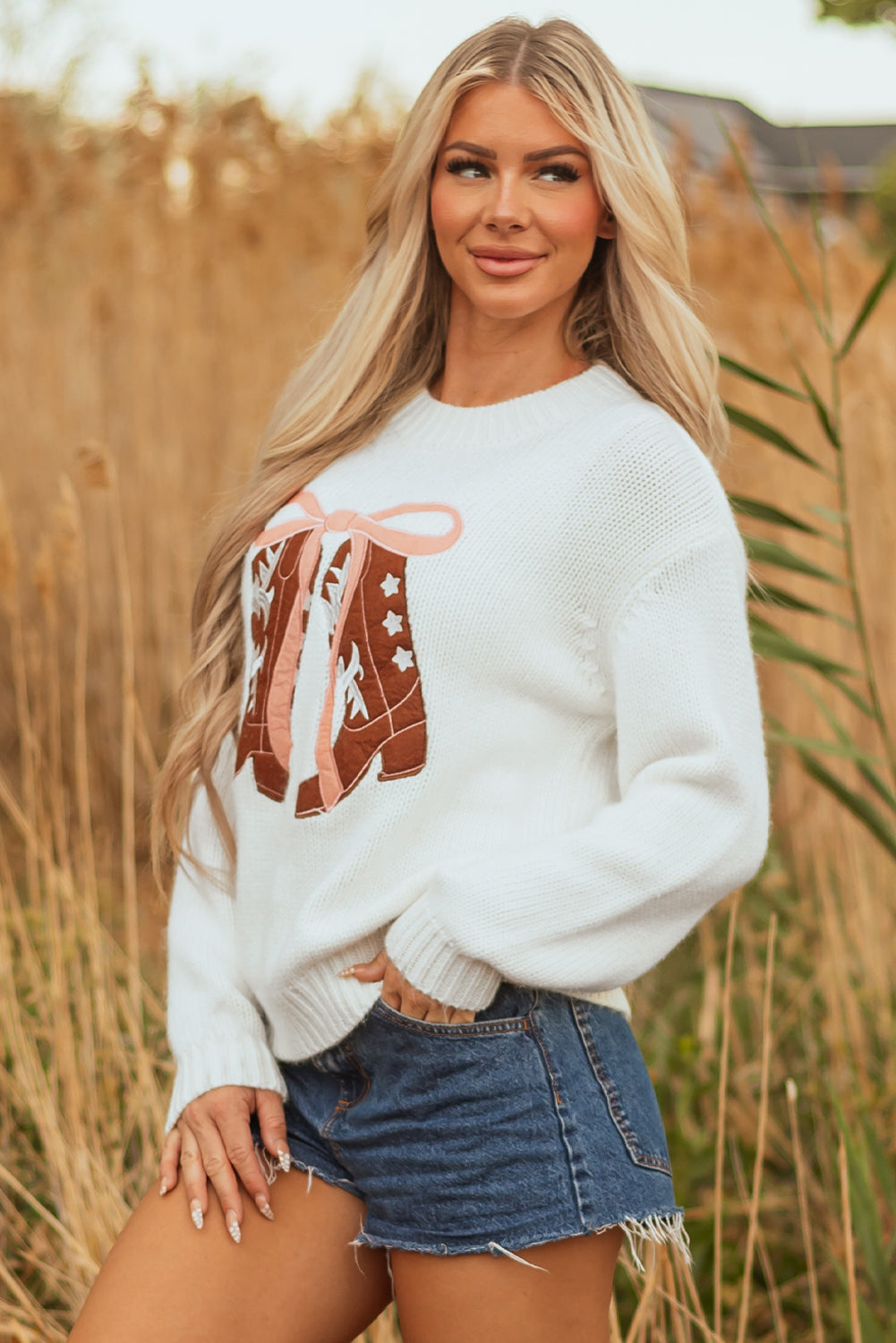 Women's Embroidered Bow Boots Knit Sweater, Relaxed Crew Neck Top