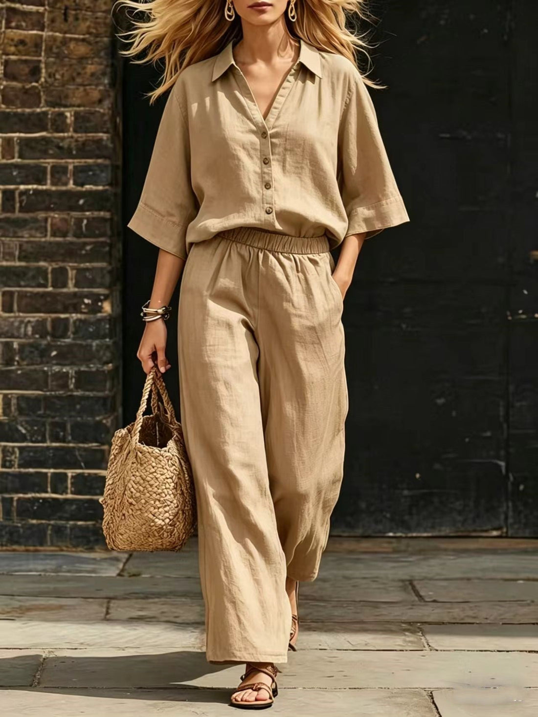 Women's Button-Down Shirt and Wide-Leg Pants Two-Piece Set - Image 8