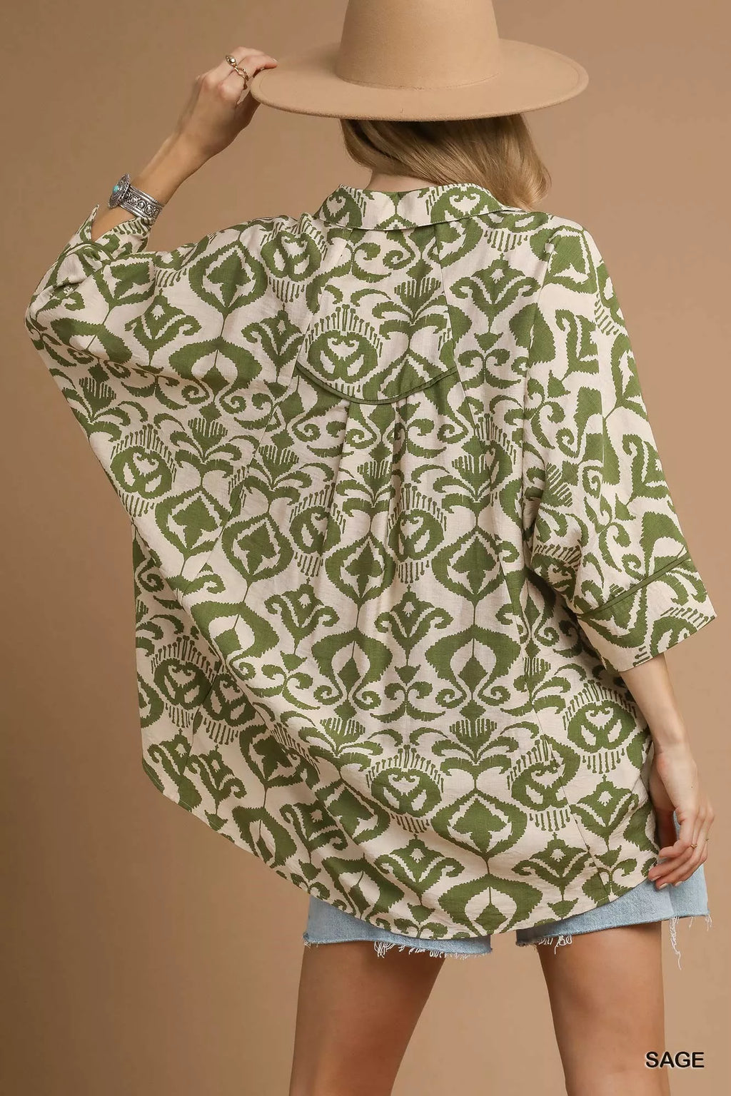 Sage Oversized Abstract Print Button-Up Shirt