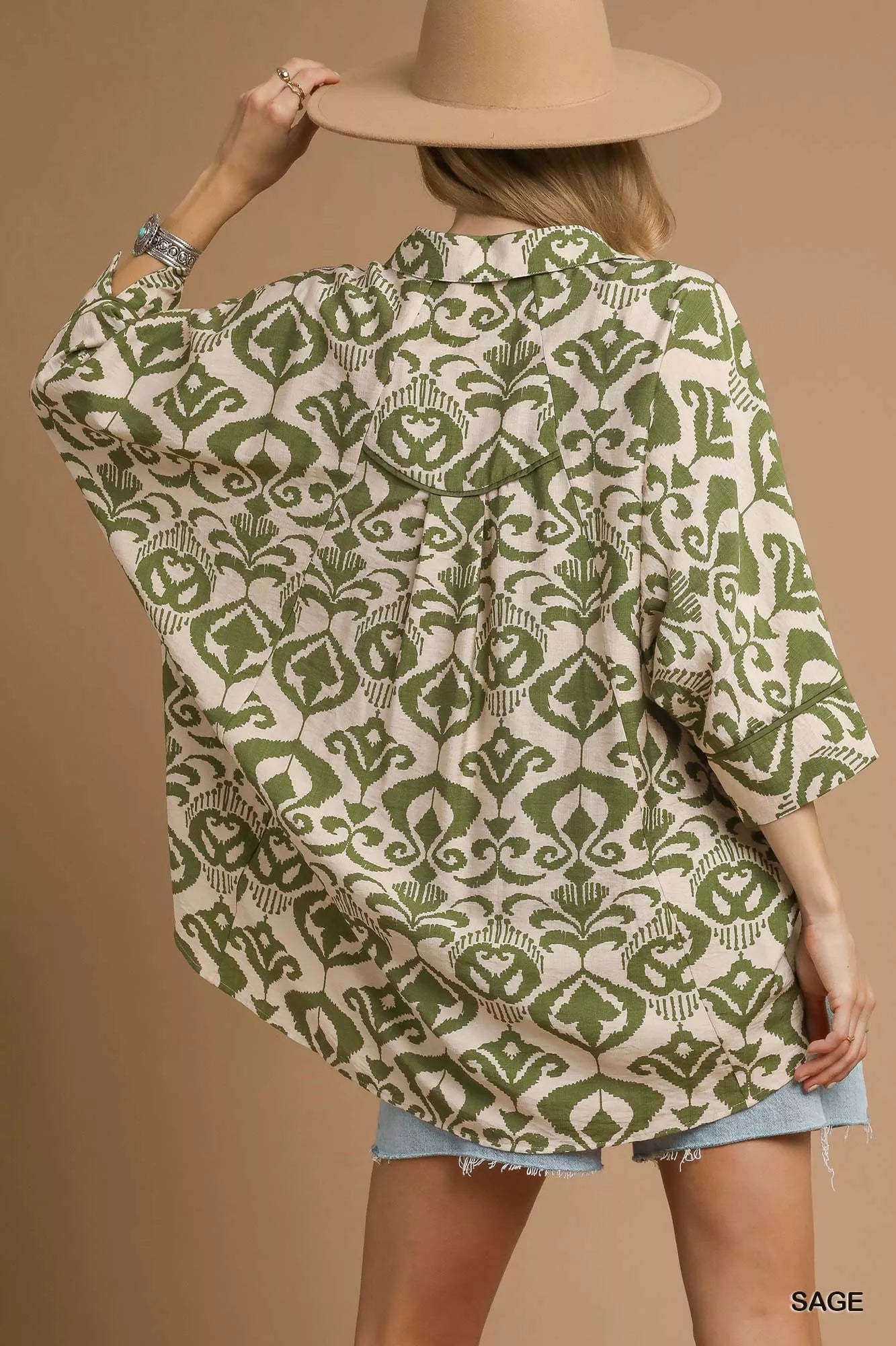 Sage Oversized Abstract Print Button-Up Shirt
