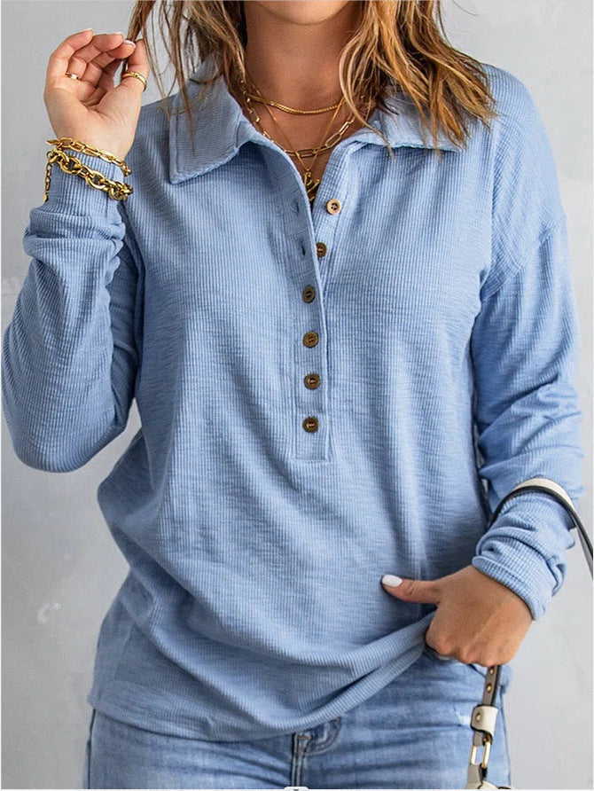 Women's Long Sleeve Waffle Knit Polo Shirt with Button Detail - Image 9