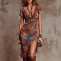 Women's Slim-Fit Printed V-Neck Defined Waist Midi Dress